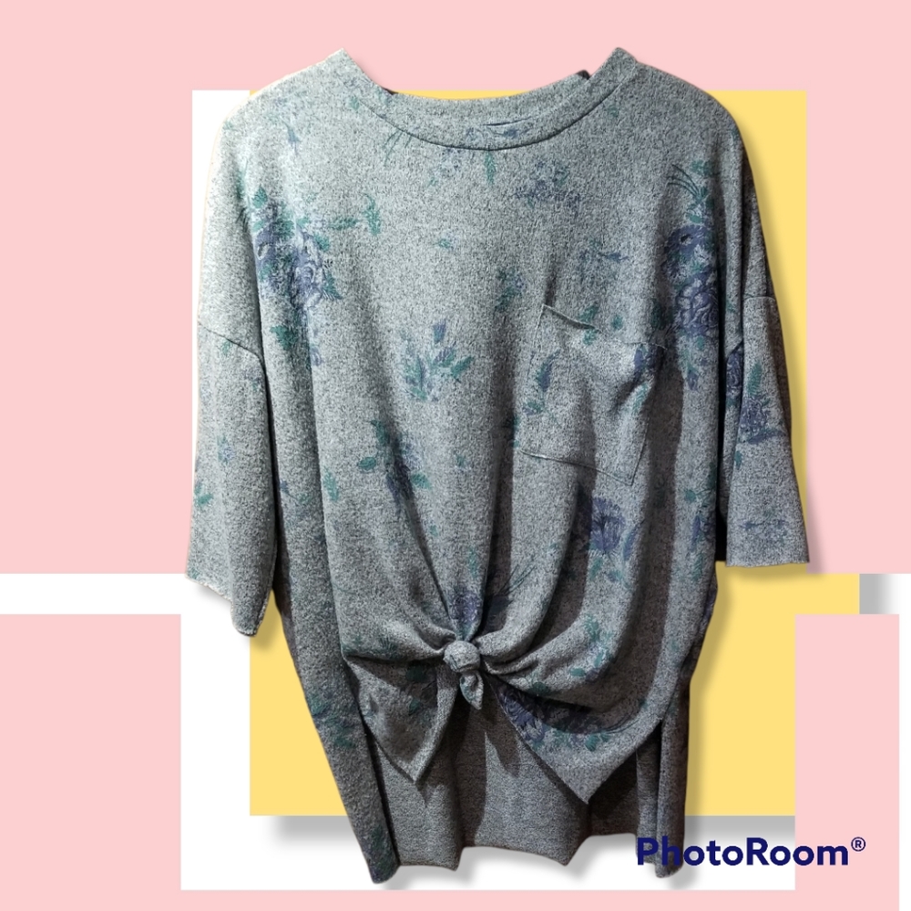 Knox Rose Grey Tie-Front Sweater with Blue Flowers NWOT